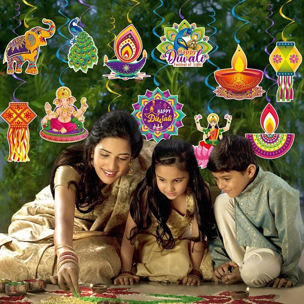 Happy Diwali Treo Đồ Trang Trí, 24 Chiếc Deepavali Rangoli Diyas Đảng Treo Thẻ Xoắn, Lễ Hội Ánh Sáng