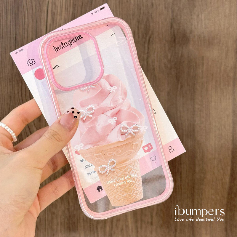 Ibumpers Họa Tiết Kem Hồng Trong Suốt Ốp lưng iPhone 12 13 14 15 16 Pro Max 2IN1 Ốp Lưng Acrylic Cứn