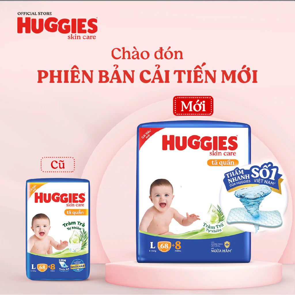 Tã quần Huggies Mega Jumbo M102+4/L100+4/XL84+4/XXL76+4, Bỉm quần Huggies Tràm Trà Ngừa Hăm Dịu Da