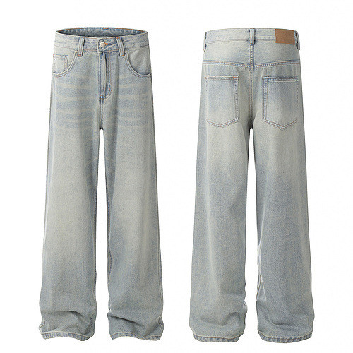 S0AA American-style washed distressed jeans for men, loose fit, versatile, straight-leg pants for co