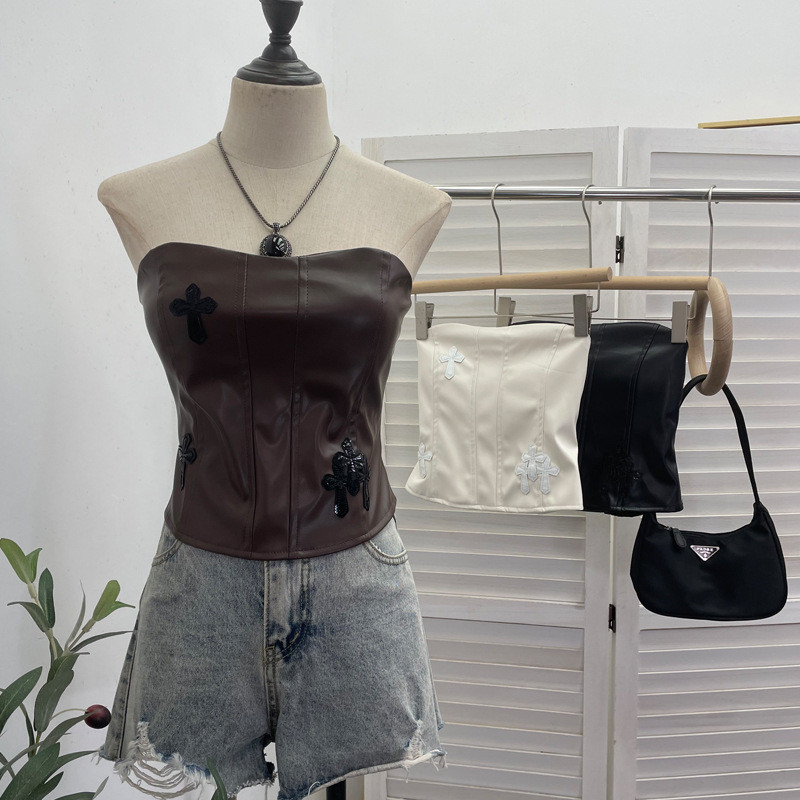 Real Shot Cross Sáng Bóng Da Ống Top Nữ Thu Đông pu Thắt Lưng Ngực Miếng Lót Quấn Ngực Vest Ngắn Chặ