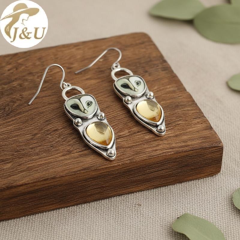 JU Retro Bạc Barn Owl Dangle Bông Tai Màu Vàng Tự Nhiên Citrine Inlay Mặc Hàng Ngày Đảng Quà Tặng Ch