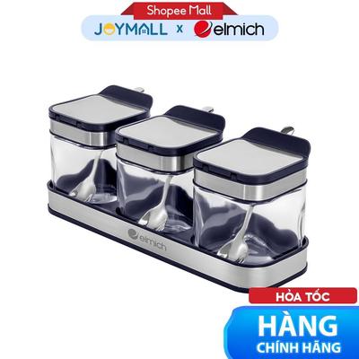 Bộ 3 Hộp Đựng Gia Vị Thuỷ Tinh Elmich EL1280, Hàng Chính Hãng, Kèm Muỗng, Giá Đỡ Bọc Inox - JoyMall