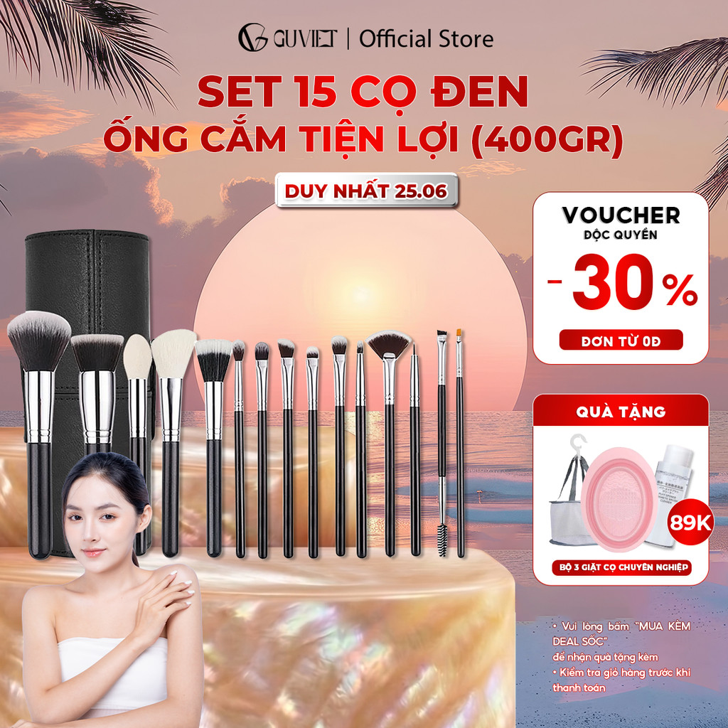 Bộ cọ trang điểm cá nhân GUVIET màu đen gồm 15 cọ kèm theo ống cắm tiện lợi