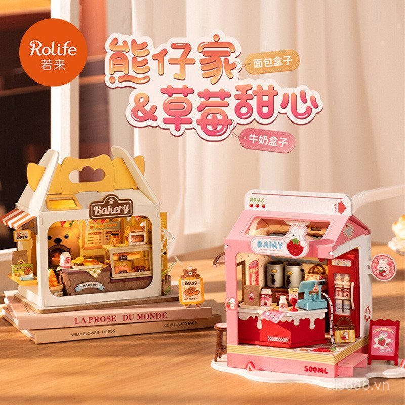 0H1F [Cash commodity and quick delivery]Ruolai DIY Model house, handmade cabin, bear-themed house, b