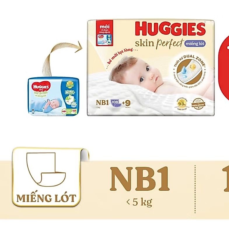 Miếng lót sơ sinh Huggies Skin Perfect NB1 64+4/ NB2 60/ NB1 108+6 miếng với 2 vùng thấm giảm kích ứ