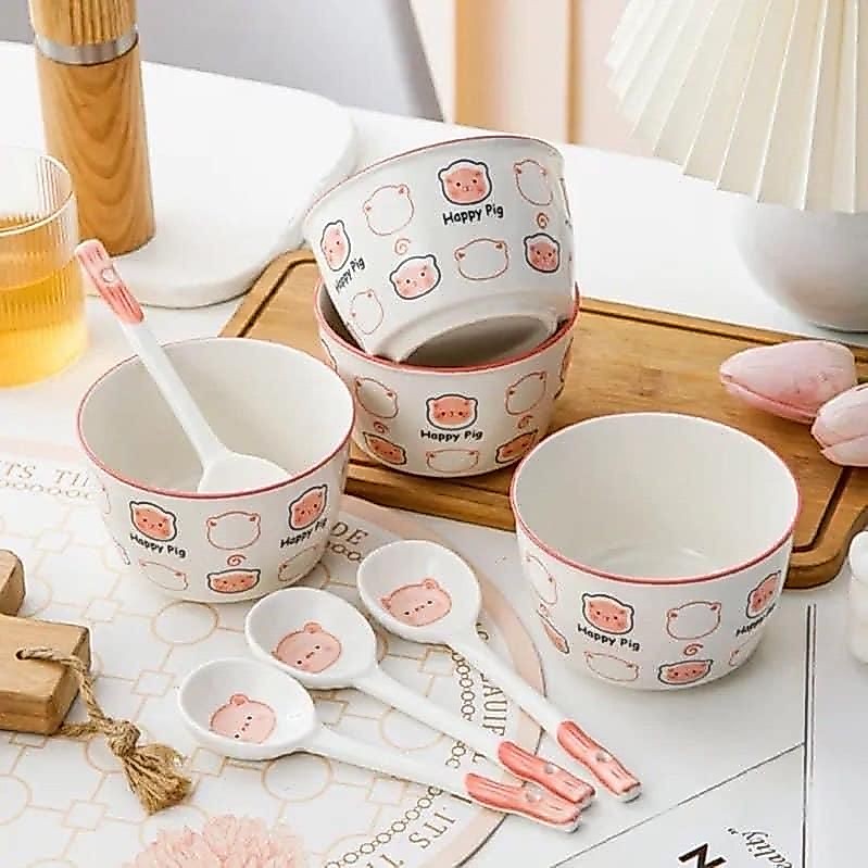 ( tặng 2 thìa ) Set 2 Bát Kèm Thìa Bằng Sứ Hình Cute , set 2 bát 2 thìa ăn dặm cho bé