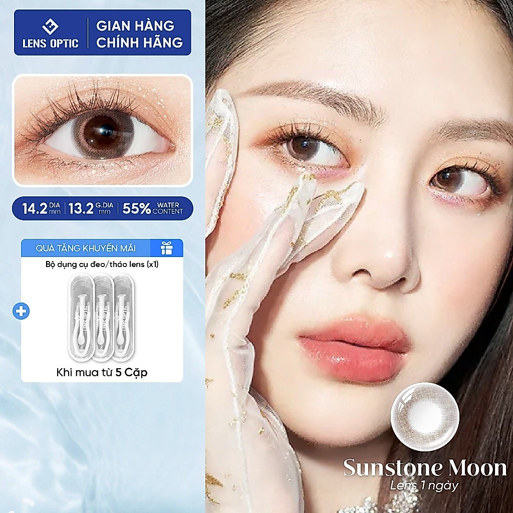 Lens màu dùng 1 lần Clalen Jewel Moon Sunstone Moon nâu champagne, 55% ẩm BC 8.6 DIA 14.2, chống UV