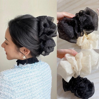 Kẹp tóc nơ tiểu thư càng cua Hai Mặt Tạo Bong Bóng Kẹp tóc nơ voan chấm bi cặp tóc nơ size lớn 13cm búi sau