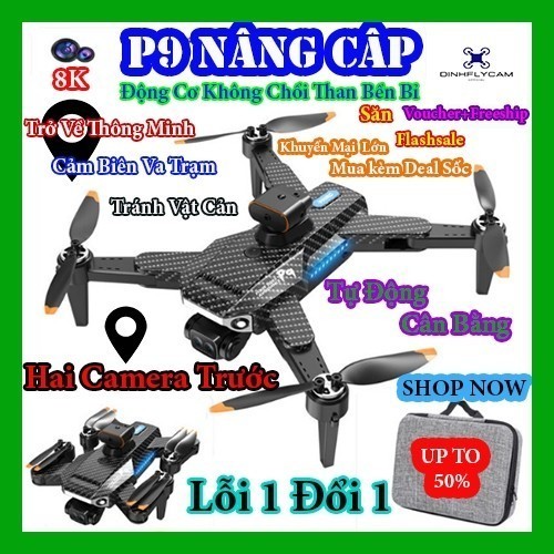 Flycam P9 PRO Carbon Camera 8K HD, Cảm Biến Tránh Chướng Ngại Vật, Chế Độ Bay Thông Minh, Pin Trâu L