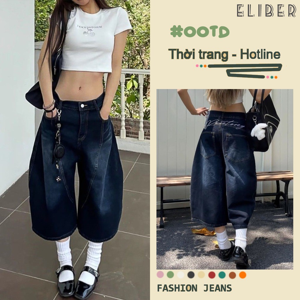 ELIBER- SẴN HÀNG - Quần Jeans Nữ 7 Phần Ống Rộng - Kiểu Retro Mỹ - Dáng Lưỡi Liềm Thoáng Mát