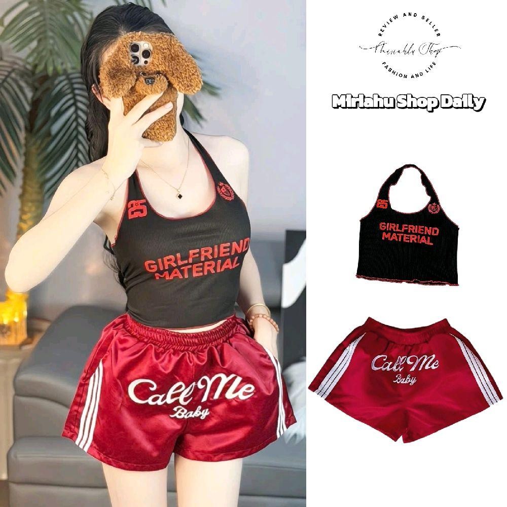 Set Phối Áo Yếm Chạy Viền Thun Gân Lạnh In Hình Girl Friend Material Phối Quần Short Dù Viền Thêu Ch