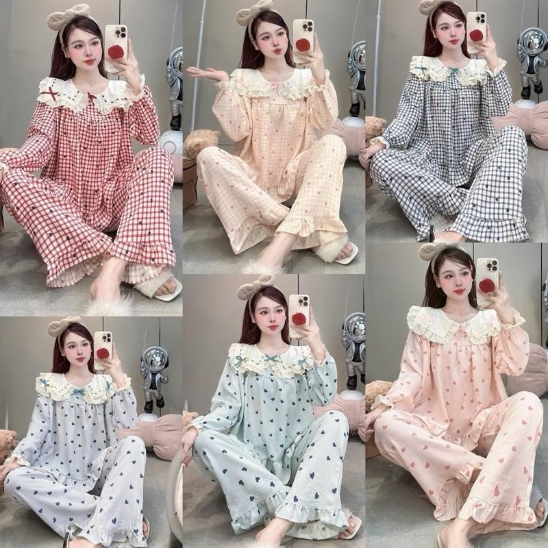 Sammy Bộ Mặc Nhà Cổ Sen ren vạt vuông chất Đũi Vân mây mềm đẹp xinh xắn cho Nữ DD57 Sammy