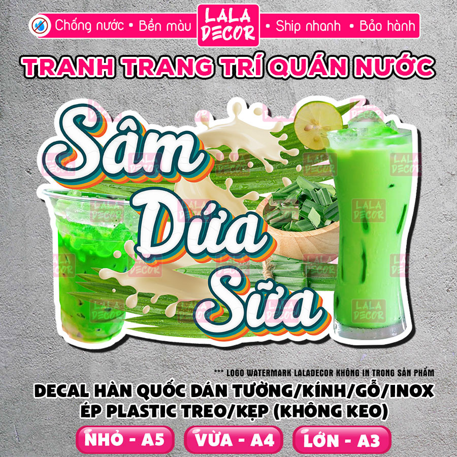 Tranh Dán Tường Sâm Dứa Sữa Chống Nước 🎀 Decal Sâm Dứa Sữa Sẵn Keo/Ép Plastic, Decal Trang Trí Quán 