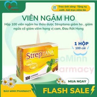  Hộp 100 viên ngậm ho thảo dược Streptana giảm ho  giảm ngứa cổ giảm viêm họng vị cam Đau Rát Họng 