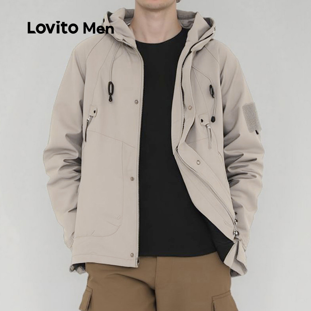 (NEW) Lovito Áo khoác casual có khóa kéo phù hợp mọi mùa áo khoác màu kaki cho nam LNE114154