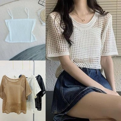 SET 2 Món Bigsize Nữ Áo Thun Lưới Tay Ngắn Kèm Áo Dây Cá Tính Cho CHubby A318+G118