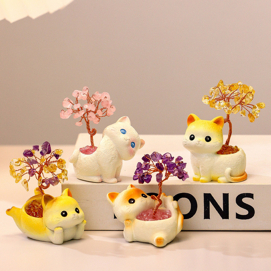 Phim hoạt hình sáng tạo Mèo con Citrine Cây may mắn Đồ trang trí Động vật nhỏ dễ thương Văn phòng Má
