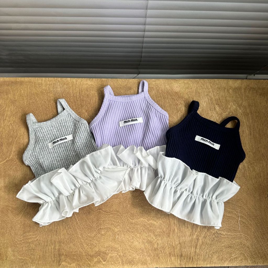 Ins Waffle Ruffle Pet Dây Đầm Baju Anjing Kucing Polyester Lông Tơ Váy Cho Lớp