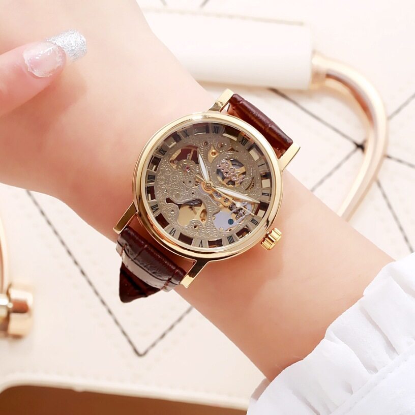 Đồng hồ cặp đôi Byino Mặt sau Đồng hồ cơ tự động rỗng trong suốt Đồng hồ đeo tay đôi cơ khí chống nư