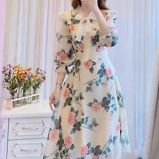 Đầm Voan Hoa Dự Tiệc Cổ Cột Nơ Nữ Tính Thanh Lịch Có 2 Lớp Lót Siêu Xinh