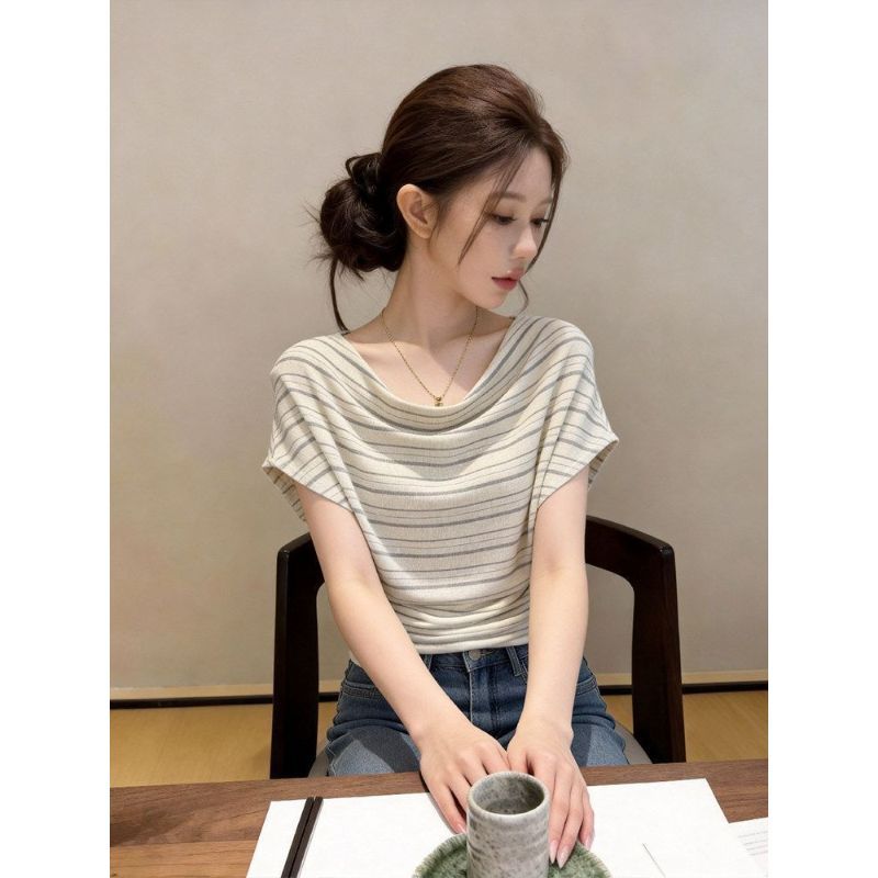 [Ưu đãi đặc biệt có hạn trong thời gian] Thiết kế áo thun Cotton sọc ngắn tay cổ áo thun nữ thời trang mùa hè Áo thun giảm tuổi phù hợp phong cách Hàn Quốc