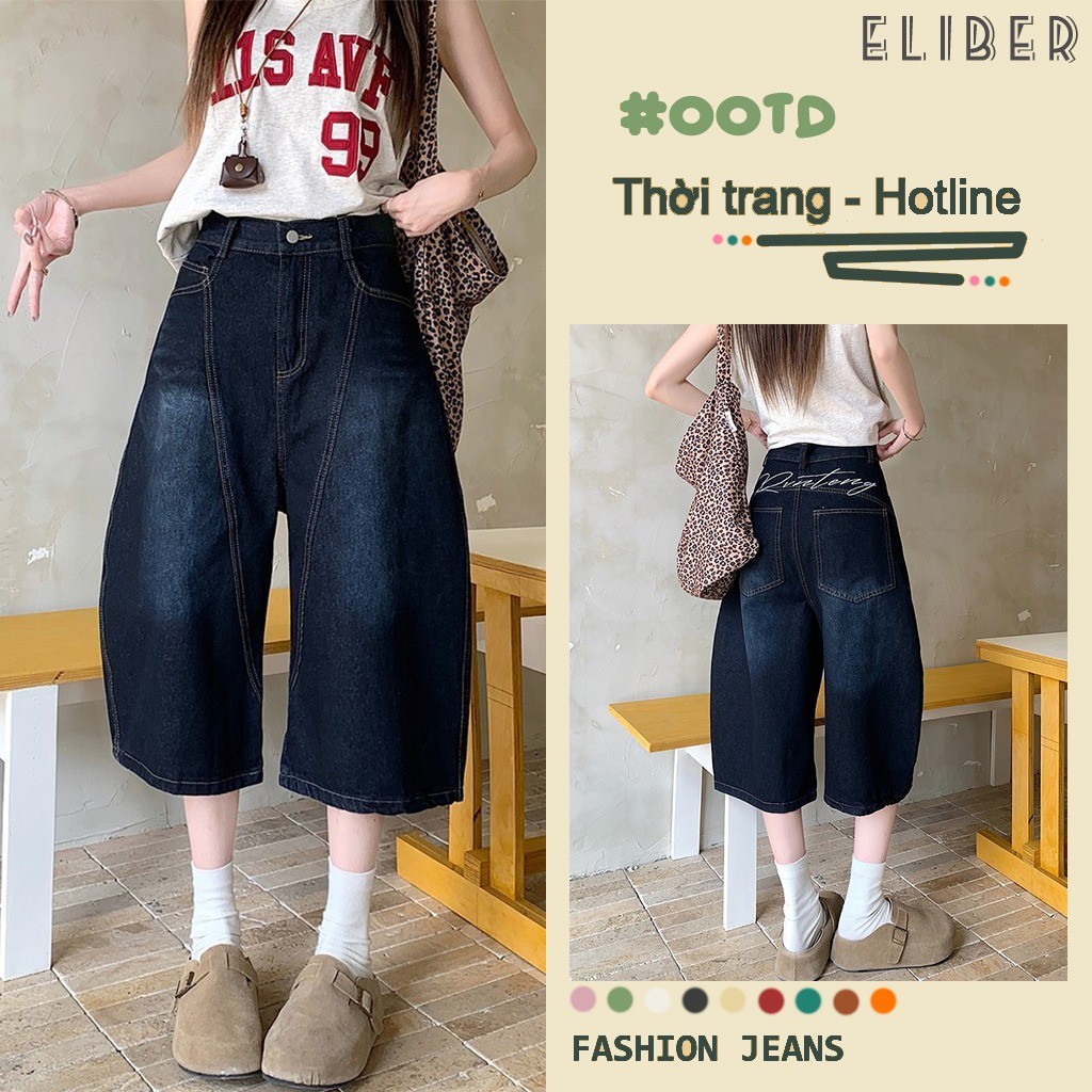 ELIBER- SẴN HÀNG - Quần Jeans Nữ 7 Phần Ống Rộng - Kiểu Retro Mỹ - Dáng Lưỡi Liềm Thoáng Mát