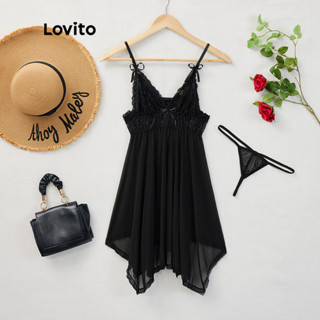 Lovito Váy ngủ gợi cảm Lưới nơ cà vạt ren tương phản xuyên thấu viền bất đối xứng Váy ngủ có thông cho nữ L162221 (Đen)