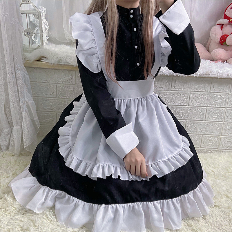 Đen Trắng Nhật Bản Gothic lolita Đầm lolita Butler Người Giúp Việc Trang Phục COS Anime Nhập Vai