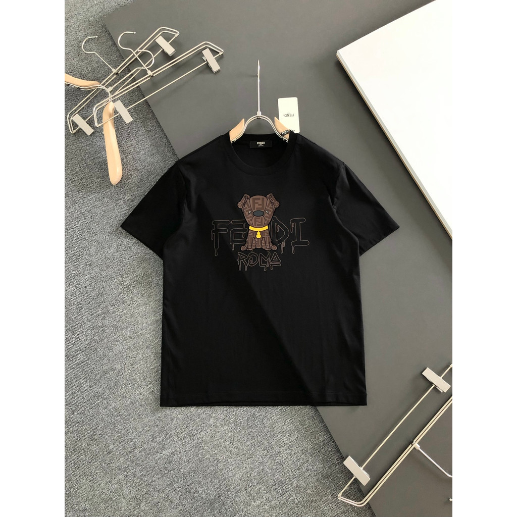 Fendi / FENDI Unisex plus-size ngắn tay dành cho cặp đôi áo sơ mi có gân2025Autumn cơ bản hàng ngày 