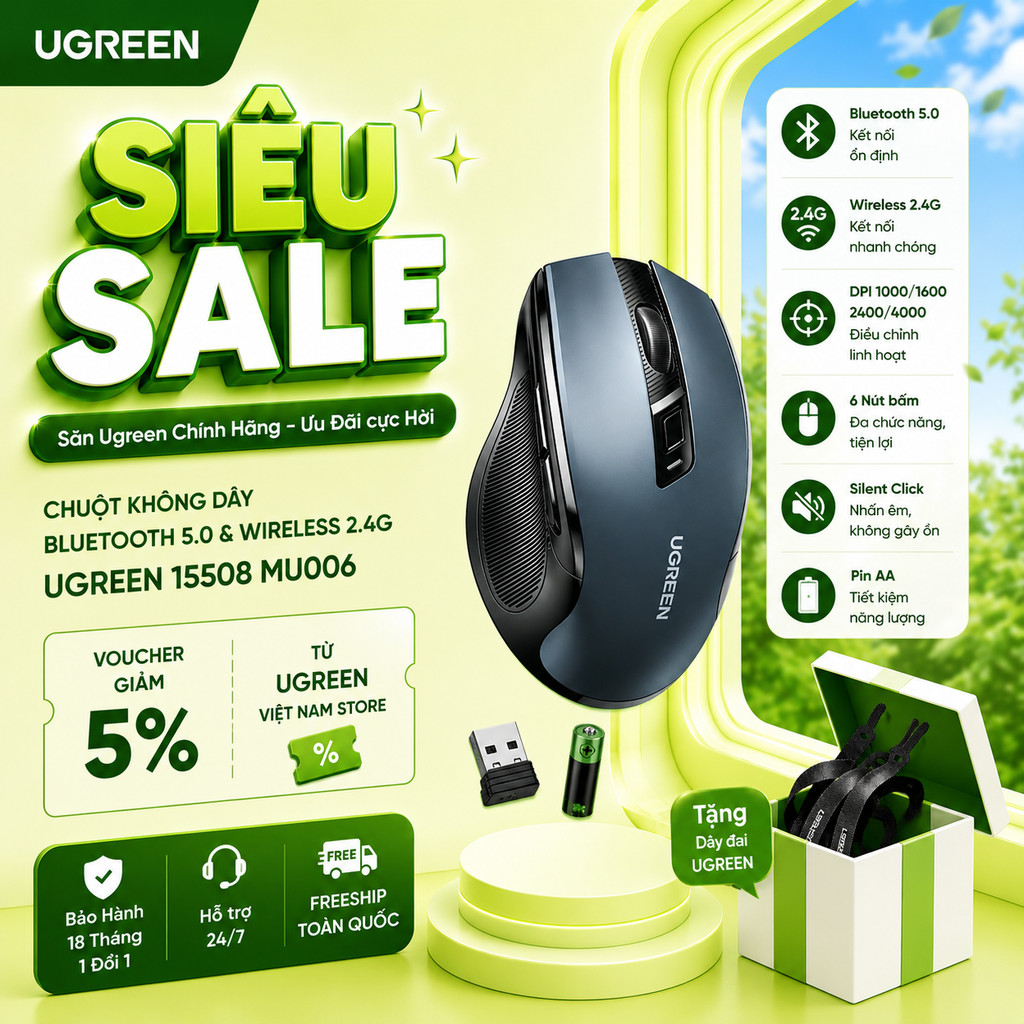 Chuột Không Dây Ugreen 15508 MU006 4000dpi 2.4Ghz, Wireless + Bluetooth 5.0 | Bảo Hành 18 Tháng