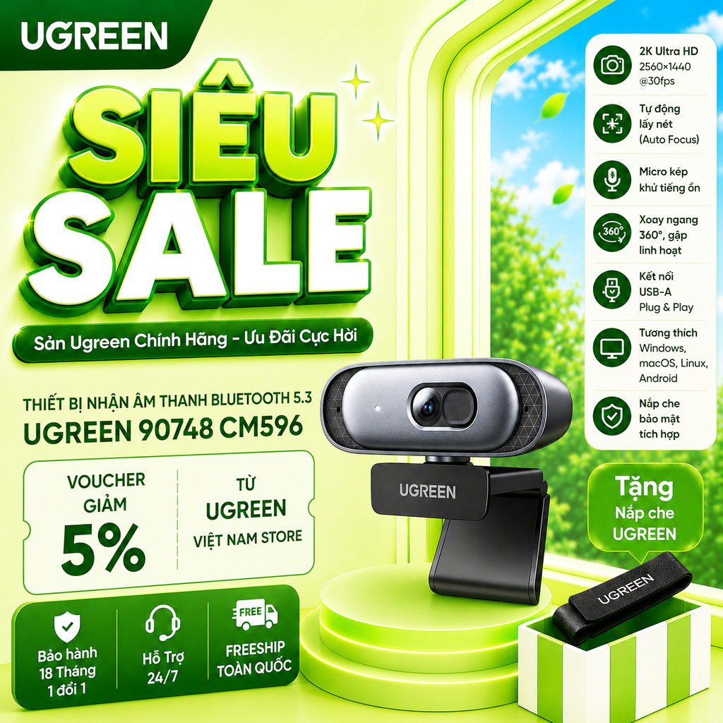 Webcam Ugreen 35626 2K@30Hz/FullHD 1080p/60fps Tự động lấy nét | Bảo hành 18 tháng đổi mới