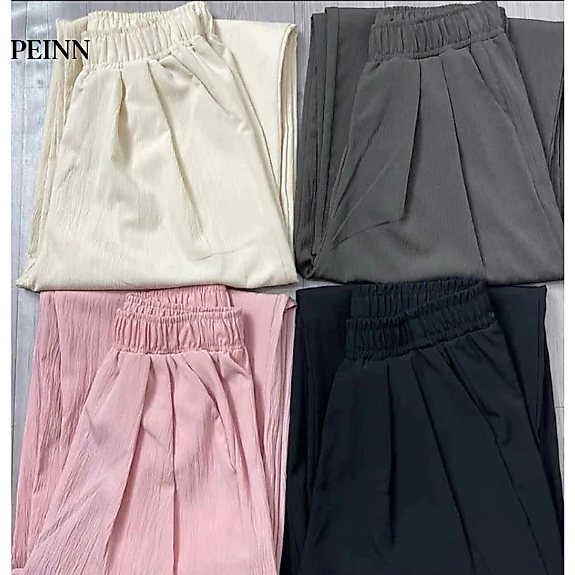 [Peinn] Quần Ống Suông Ống rộng, cạp lưng chun Vải Đũi Vân Mây dành cho chị em nhà nấm dài quần 90-9