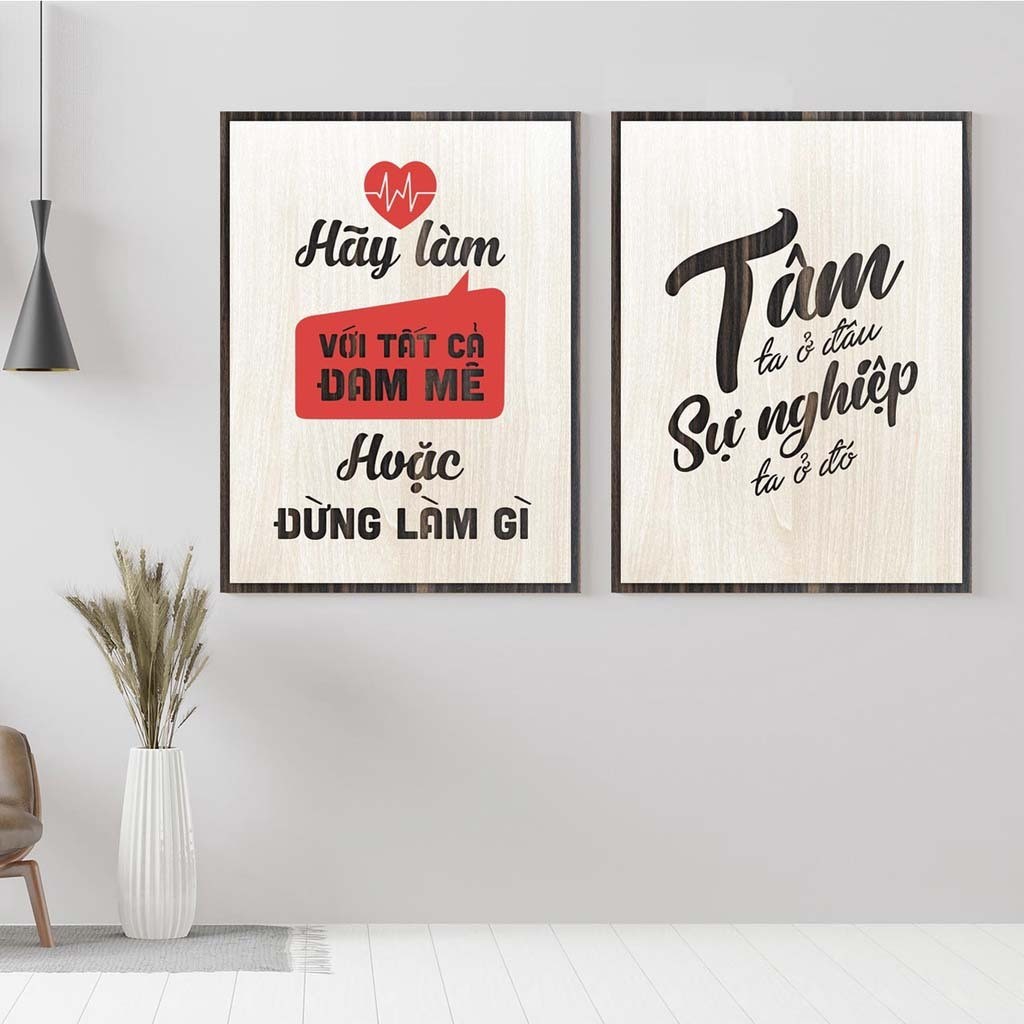 Combo 2 Tấm Tranh treo tường Slogan Decor bằng Gỗ cắt khắc laser nghệ thuật kích thước 40x55cm