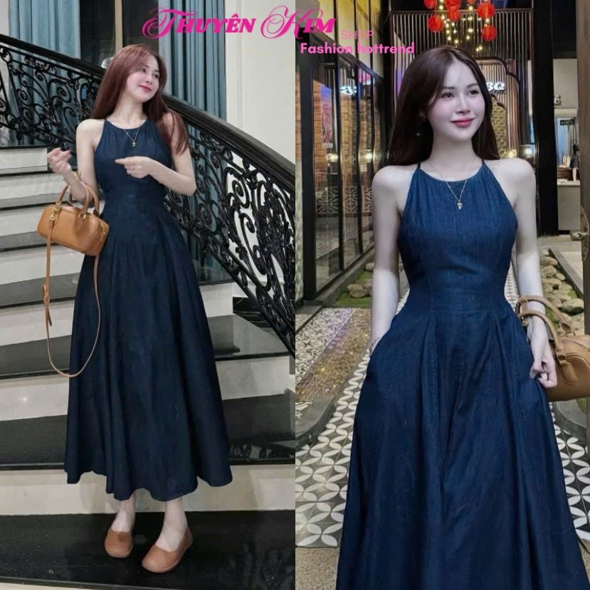 Đầm đi chơi Jean Lụa mịn, đầm Jean nữ sành điệu, váy Jean nữ đi biển dáng dài xoè cổ yếm sang chảnh