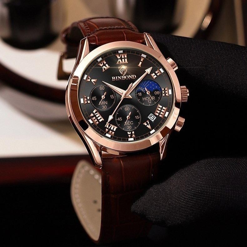 Đồng Hồ Dây Da Nam BINBOND I21 Chính Hãng Chạy 6 Kim Kính Vòm Thanh Lịch