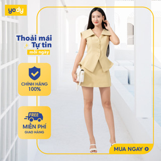  [SALE ĐG] Set áo chân váy chữ A YODY vải dệt twill thấm hút, áo cổ lá chiết eo thanh lịch SET7028