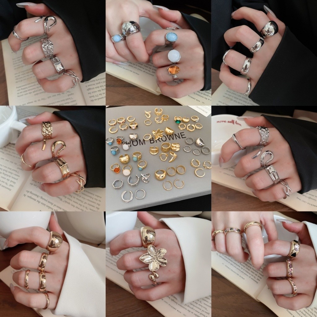 Bộ vòng cổ tay và nhẫn hình học kim loại phong cách châu Âu và Mỹ, thời trang phù hợp mọi người