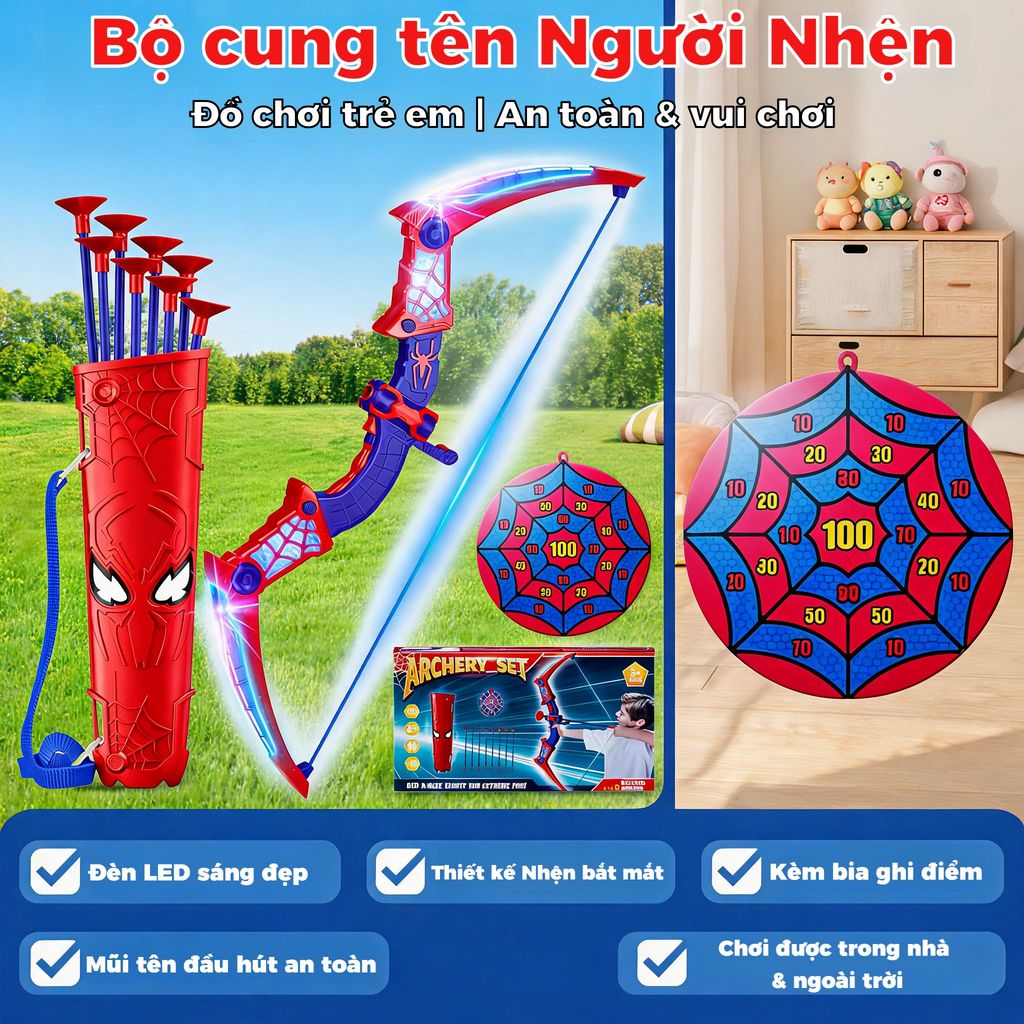 Kids Archery Set Spider Man LED Light Safe Silicon Suction Arrows Outdoor Game Gift For Boys quà tặn