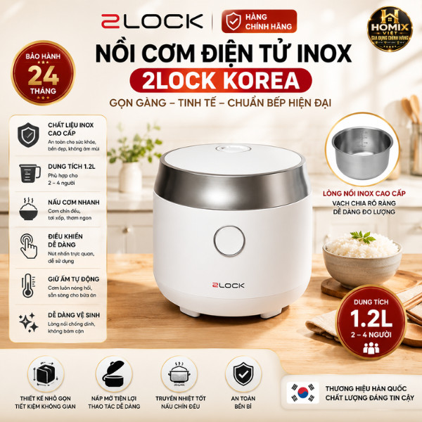Nồi Cơm Điện Tử 2LOCK Korea RC25-3009W, 1.2L Giữ Ấm Tự Động, Inox Cao Cấp, Chính Hãng Bảo Hành 24th