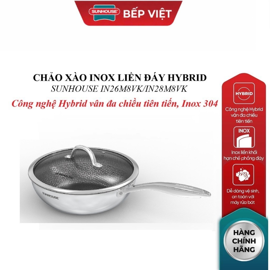Chảo xào inox liền đáy Hybrid Sunhouse IN26M8VK/N28M8VK, Công nghệ Hybrid vân đa chiều tiên tiến, In