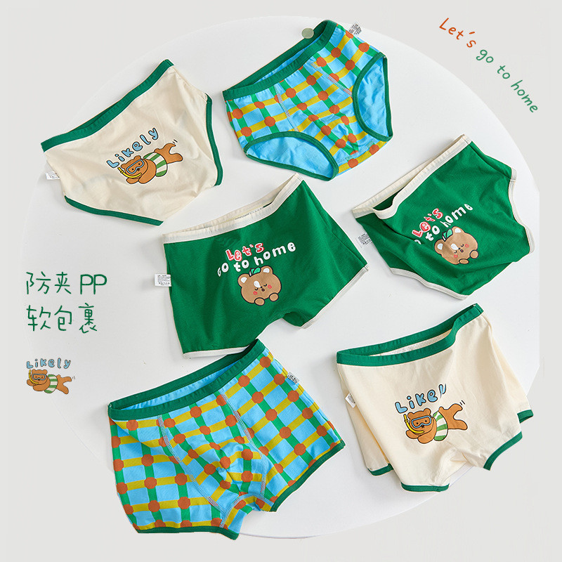 Little Boys Pure Cotton Boxer Brief Cute Cartoon Diver Apple Bear Green Plaid Print Soft Breathable 