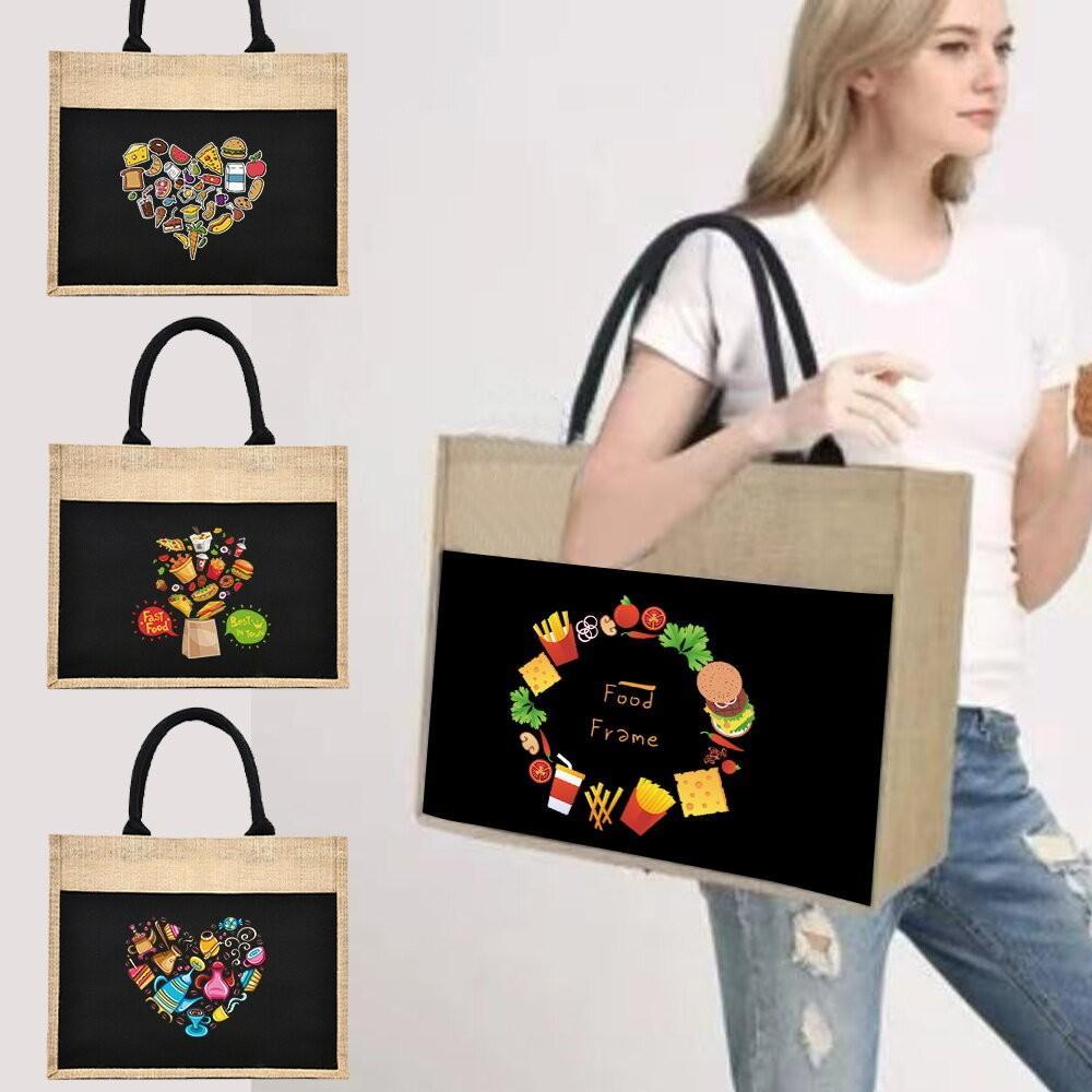 Twilly Jute Bag Shoulder Bag Jute Tote Handbag Women Shopping Handbag Food Printing Series