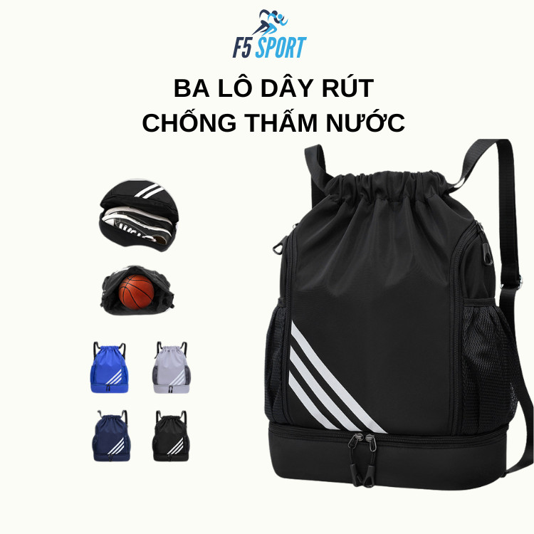 Ba lô dây rút chống nước đa năng, thiết kế ngăn chứa giầy riêng biệt phù hợp cho bóng đá, tập Gym, Pickleball