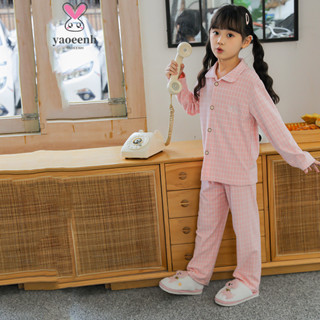  【YAOEENH 100-170CM Xuân Thu Trẻ Em Kẻ Sọc Nút Cardigan Loungewear Trung Bình Lớn Trẻ Em Chải Ve Áo Bộ Đồ Ngủ Có Sẵn Vận Chuyển Nhanh 