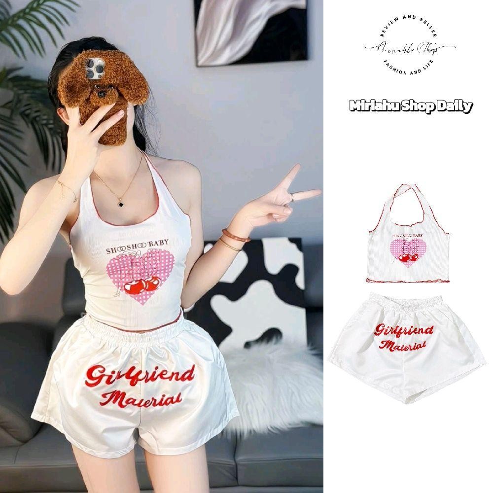 Set Phối Áo Yếm Chạy Viền Thun Gân Lạnh In Hình Tim Caro Baby Phối Quần Short Dù Viền Thêu Chữ Girl 
