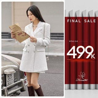 Set bộ áo khoác dạ HeraDG dáng dài phối tua rua cổ, túi cách điệu cùng chân váy dáng A, chất dạ Tweed WSTBC2050AJ