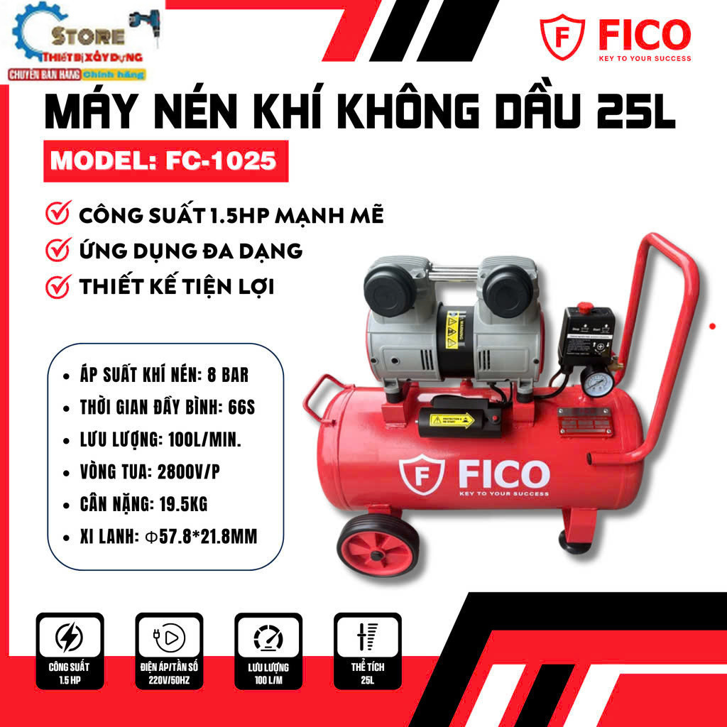 Máy nén khí không dầu 25 lít FICO FC-1025 Công suất 1.5HP, Mô tơ  đồng, Store thiết bị HUKAN