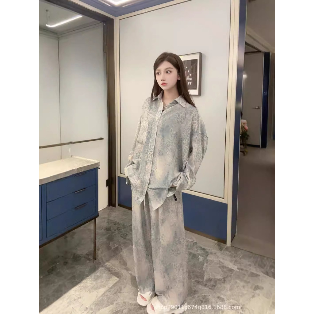 GZZ4 24New heavy blue leopard print casual style runway set, loose-fitting shirt and jacket, unisex 