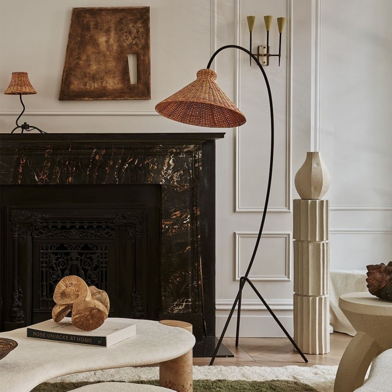 Đèn sàn mây thủ công, góc sofa sắt, ánh sáng trang trí tạo không khí-floor lamp